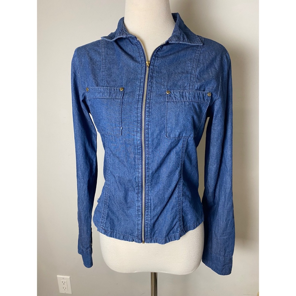 New Look Womens Y2K Denim Zip Up Jacket Blue Lightweight Chambray Size S